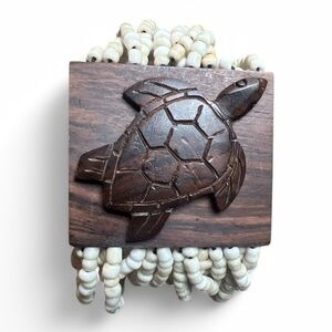 Vintage Teak Carved Turtle Stretch Bracelet Multi Strand White Glass Trade‎ Bead